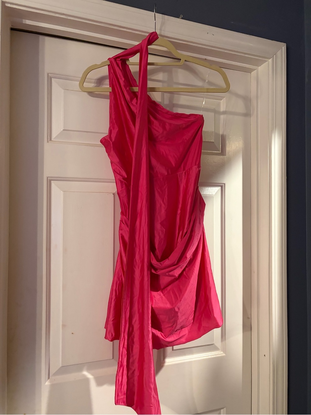Oh Polly Hot Pink One-Shoulder Mini Dress with Draped Neck Tie - Picture 4 of 6